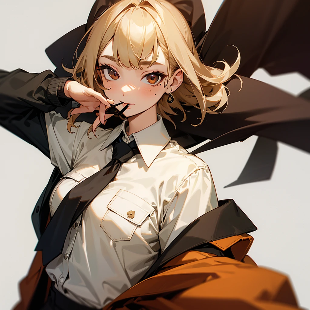 1girl, solo, looking at viewer, bangs, blonde hair, simple background, brown hair, shirt, black hair, white background, brown eyes, jewelry, jacket, white shirt, upper body, multicolored hair, earrings, food, necktie, collared shirt, medium hair, off shoulder, mole, two-tone hair, black jacket, mole under eye, mouth hold, black necktie, pocket, pocky, shirt tucked in, breast pocket, food in mouth