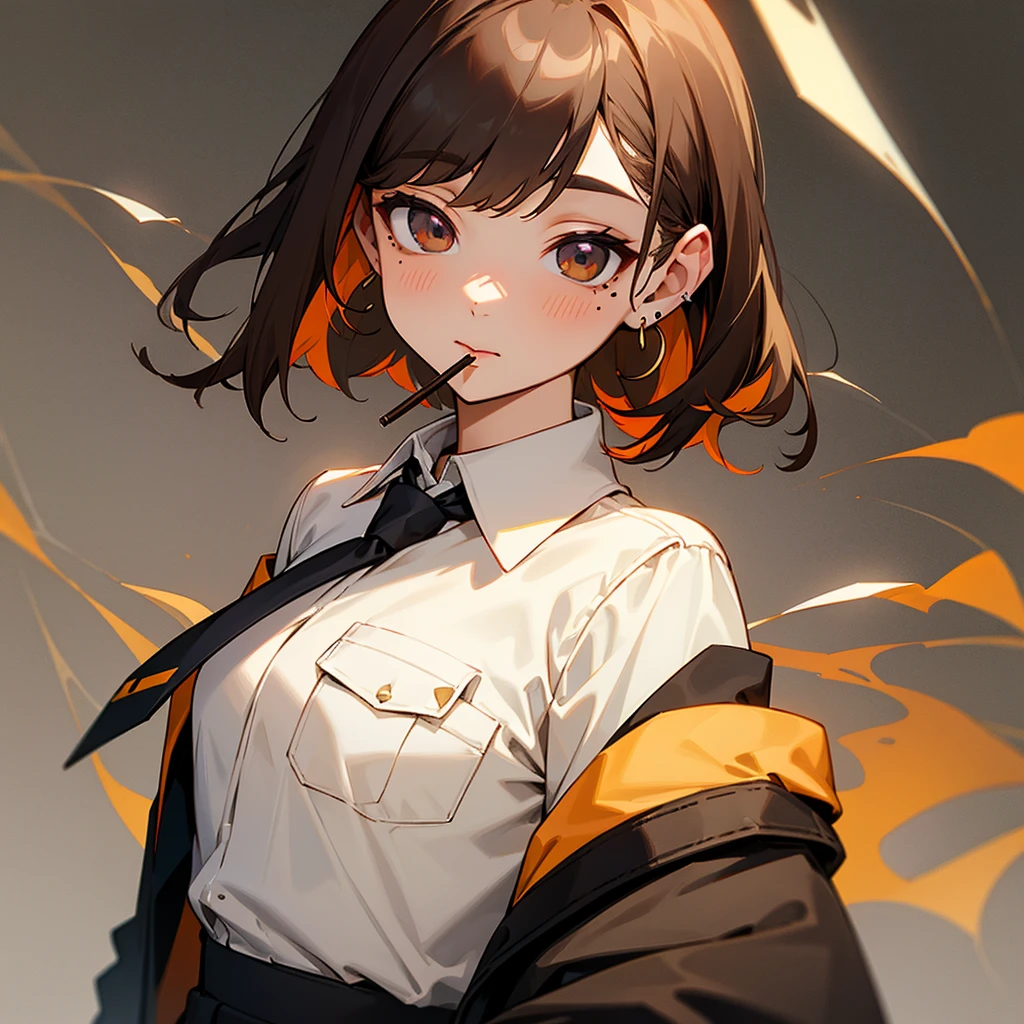 1girl, solo, looking at viewer, bangs, blonde hair, simple background, brown hair, shirt, black hair, white background, brown eyes, jewelry, jacket, white shirt, upper body, multicolored hair, earrings, food, necktie, collared shirt, medium hair, off shoulder, mole, two-tone hair, black jacket, mole under eye, mouth hold, black necktie, pocket, pocky, shirt tucked in, breast pocket, food in mouth