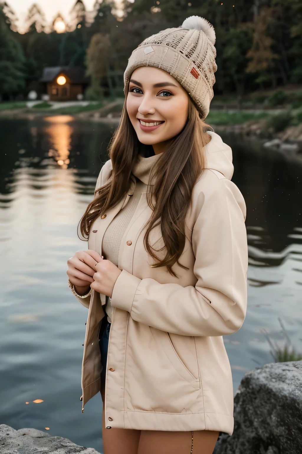 woman wearing , a striking 22-year-old American model with light brown hair , wavy hair, 172 height, full body photo, mix face veronika bielik, danusia draghici face, cute faces, russian girlfriend, blonde and attractive features, attractive girl wearing a denim jacket and beige beanie hat, taken on Snapchat in the evening at her luxury mansion by the lake. She has big brown eyes, eyeliner makeup, natural pink lipstick, she is smiling for the camera, there is a lantern lit up next to it, there are candles on the ground around it, she looks very happy and excited, she wears a backpack bag slung over her shoulder, she stands near a stone wall with water behind it in the style of lake.