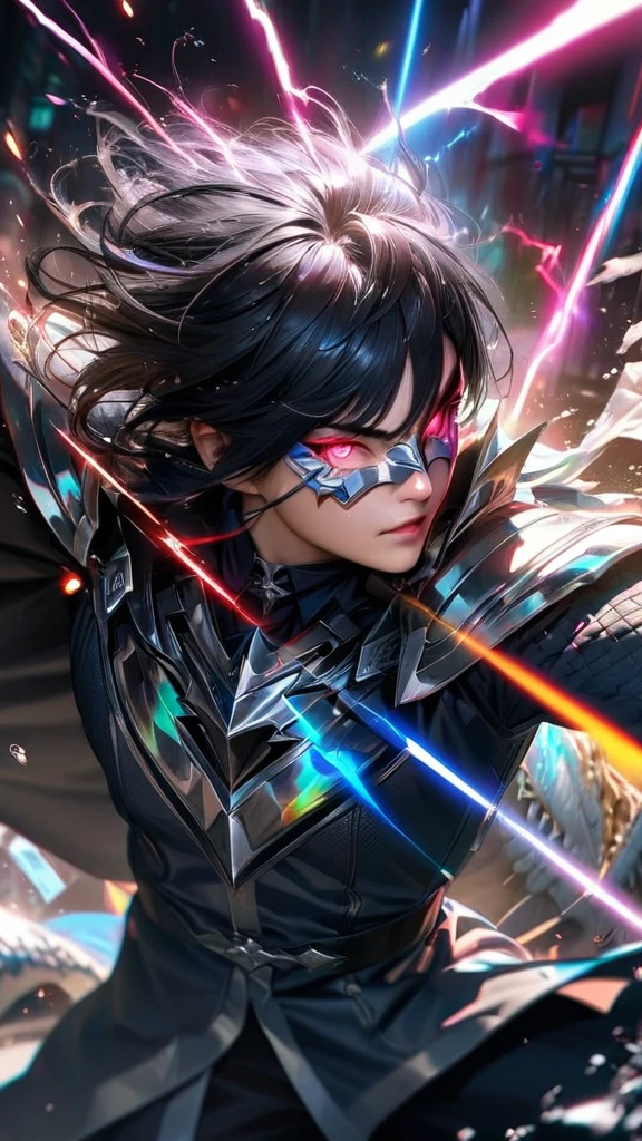 High quality, ultra realistic,absurdres, highres, ultra detailed, HDR, masterpiece, extremely detailed face and eyes, white dragon knight, dragon knight mask,,colorful Black hair , , solo, ,man, handsome, , , Epic fight scene, colorful splashing effect,colorful lightning effect,glowing glitters ,