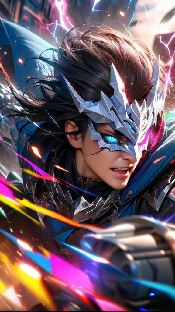 High quality, ultra realistic,absurdres, highres, ultra detailed, HDR, masterpiece, extremely detailed face and eyes, white dragon knight, dragon knight mask,,colorful Black hair , , solo, ,man, handsome, , , Epic fight scene, colorful splashing effect,colorful lightning effect,glowing glitters ,