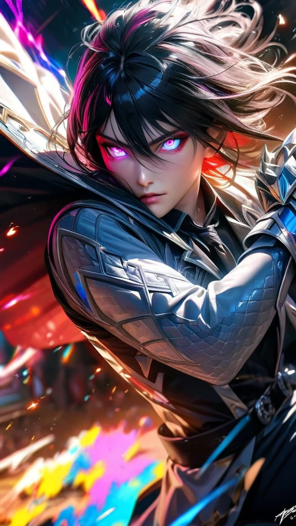 High quality, ultra realistic,absurdres, highres, ultra detailed, HDR, masterpiece, extremely detailed face and eyes, white dragon knight, dragon knight mask,,colorful Black hair , , solo, ,man, handsome, , , Epic fight scene, colorful splashing effect,colorful lightning effect,glowing glitters ,