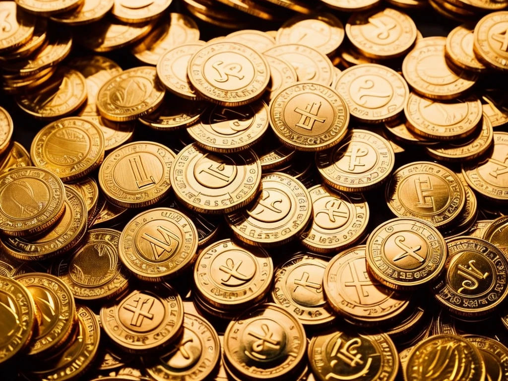 
piled up coins,piled gold coin on the table,The background is a wooden table, real picture, complicated details, serious, Zoom coin, from above