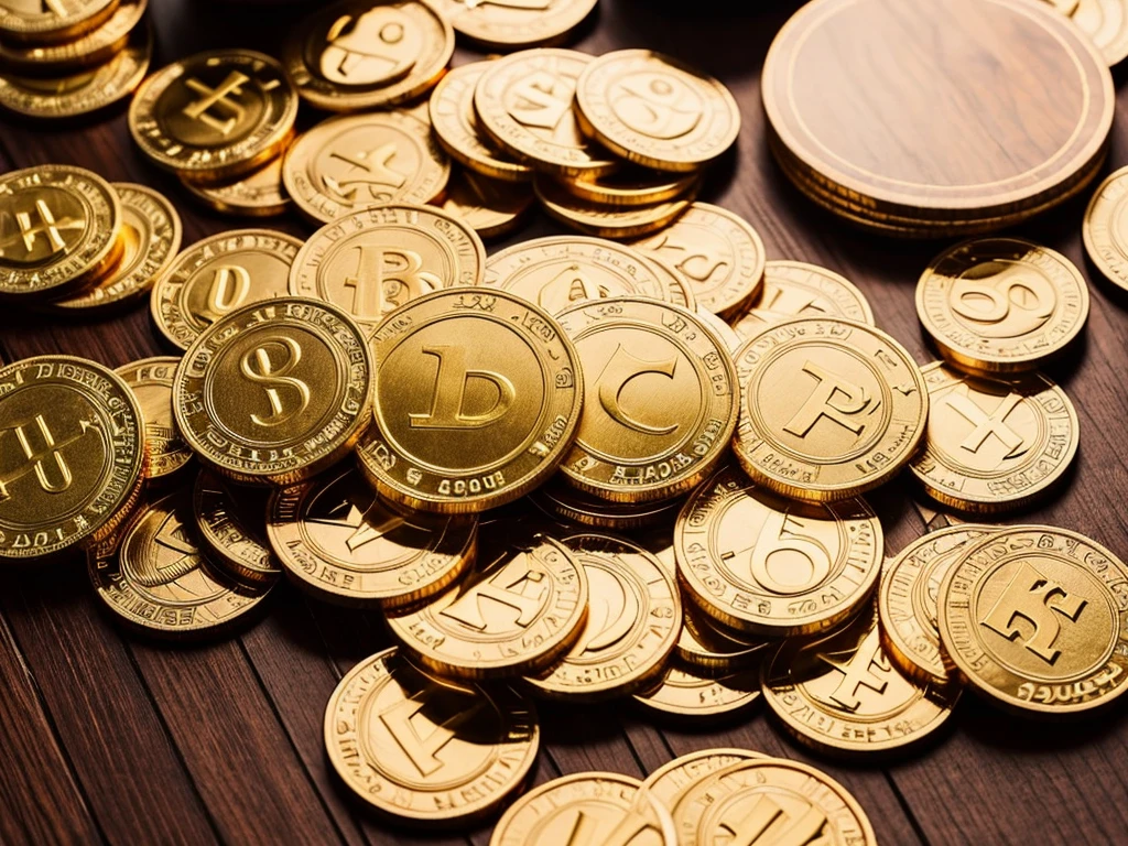 
piled up coins,piled gold coin on the table,The background is a wooden table, real picture, complicated details, serious, Zoom coin, from above
