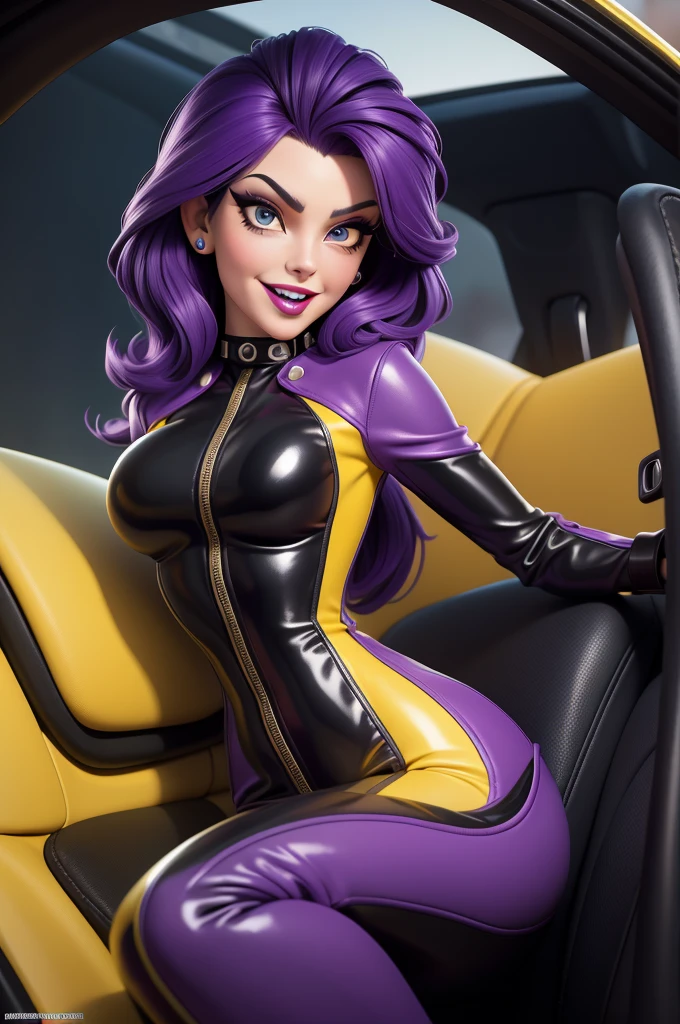 obra prima, melhor qualidade, (emma peel vamp 70yo face wrinkles) head back, sassy wicked girl, big toothy smile, open mouth, (shiny purple lipstick,) thick smoky black eye shadow, long fake eyelashes, raven black mullet hair, ((totally yellow leather spy girl suit,)) with studs zippers snaps, shiny leather gloves, body is skinny, reclining in car seat, dazzle pose, pinup pose, exaggerated selfie pose, camera view of the back of her body, looking down at me, shallow depth of field, highres, HD, 8k, anatomically correct