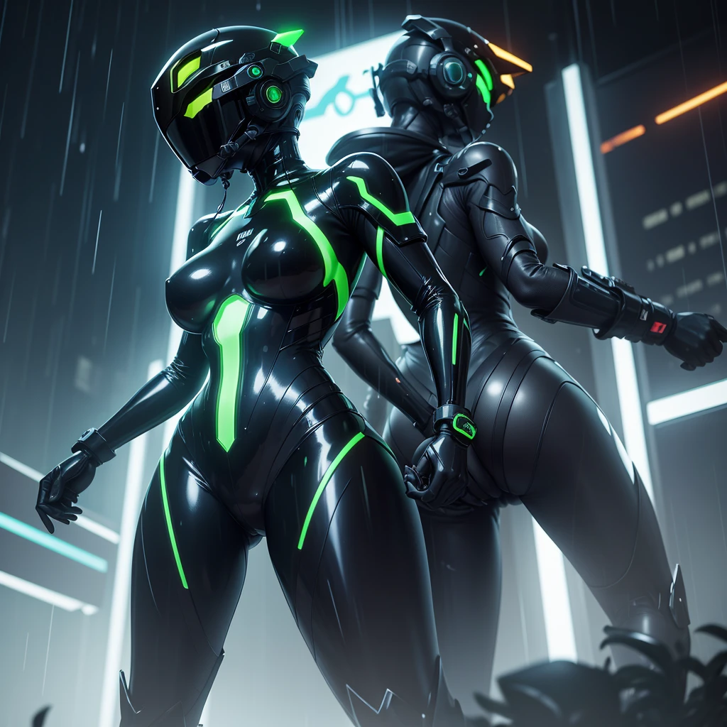 (masterpiece), (best quality), (high res) Solo, (perfect anatomy) Dronificated unknown woman, (fully enclosed black latex fullbody suit), (green lights across the suit), (cross shaped glowing core in the chest), (fully enclosed cyber helmet) that cover her whole face and hides her identity with only two glowing green lines in it's otherwise, empty black face, huge breast, narrow waist, wide hips and thick thighs, in a futuristic city, (neon lights), (rain), (night) no face, no hair, no mouth, no eyes
