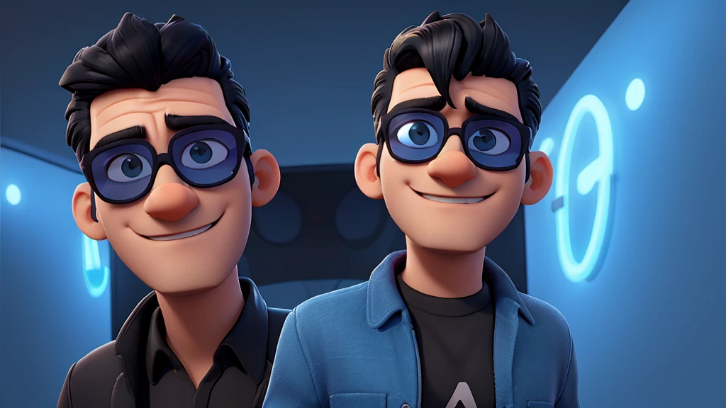 Arafed man with black hair and blue sunglasses, wearing big black circular glasses, wearing blue sunglasses, wearing black framed glasses, wearing shiny black glasses, testa de vidro azul neon, with sunglasses, long wavy black hair and glasses, wearing glack glasses, tommy wise, cara legal, Uma foto de um homem desgrenhado,