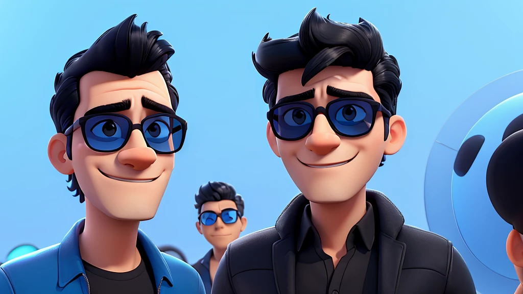 Arafed man with black hair and blue sunglasses, wearing big black circular glasses, wearing blue sunglasses, wearing black framed glasses, wearing shiny black glasses, testa de vidro azul neon, with sunglasses, long wavy black hair and glasses, wearing glack glasses, tommy wise, cara legal, Uma foto de um homem desgrenhado,