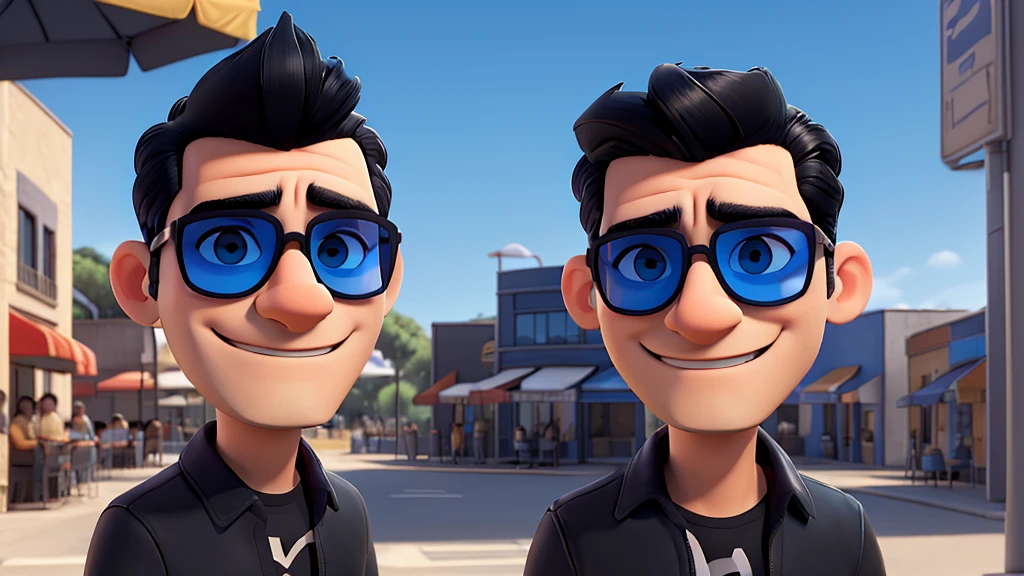 Arafed man with black hair and blue sunglasses, wearing big black circular glasses, wearing blue sunglasses, wearing black framed glasses, wearing shiny black glasses, testa de vidro azul neon, with sunglasses, long wavy black hair and glasses, wearing glack glasses, tommy wise, cara legal, Uma foto de um homem desgrenhado,