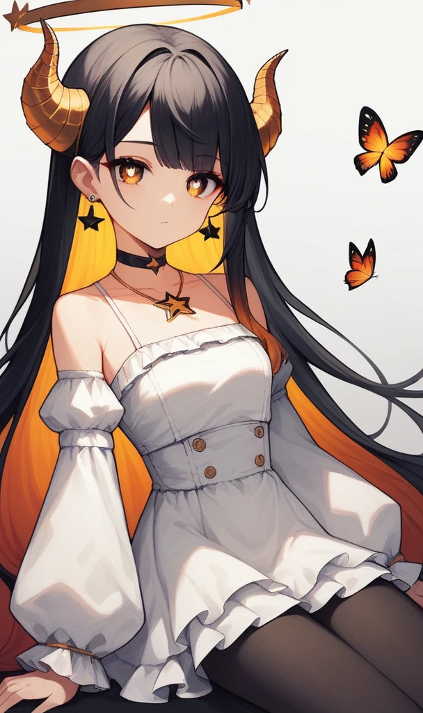 by hs225kr, 1girl, aged down, black choker, black eyes, black hair, black pantyhose, bug, butterfly, choker, colored inner hair, detached sleeves, dress, earrings, fake horns, gold horns, gradient eyes, gradient hair, grey background, halo, horns, insect, jewelry, long hair, long sleeves, looking at viewer, multicolored eyes, multicolored hair, necklace, orange eyes, pantyhose, red hair, solo, star-shaped pupils, star (symbol), stuffed animal, stuffed frog, stuffed toy, symbol-shaped pupils, very long hair, white dress, white sleeves, yellow pupils