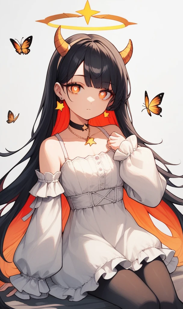 by hs225kr, 1girl, aged down, black choker, black eyes, black hair, black pantyhose, bug, butterfly, choker, colored inner hair, detached sleeves, dress, earrings, fake horns, gold horns, gradient eyes, gradient hair, grey background, halo, horns, insect, jewelry, long hair, long sleeves, looking at viewer, multicolored eyes, multicolored hair, necklace, orange eyes, pantyhose, red hair, solo, star-shaped pupils, star (symbol), stuffed animal, stuffed frog, stuffed toy, symbol-shaped pupils, very long hair, white dress, white sleeves, yellow pupils