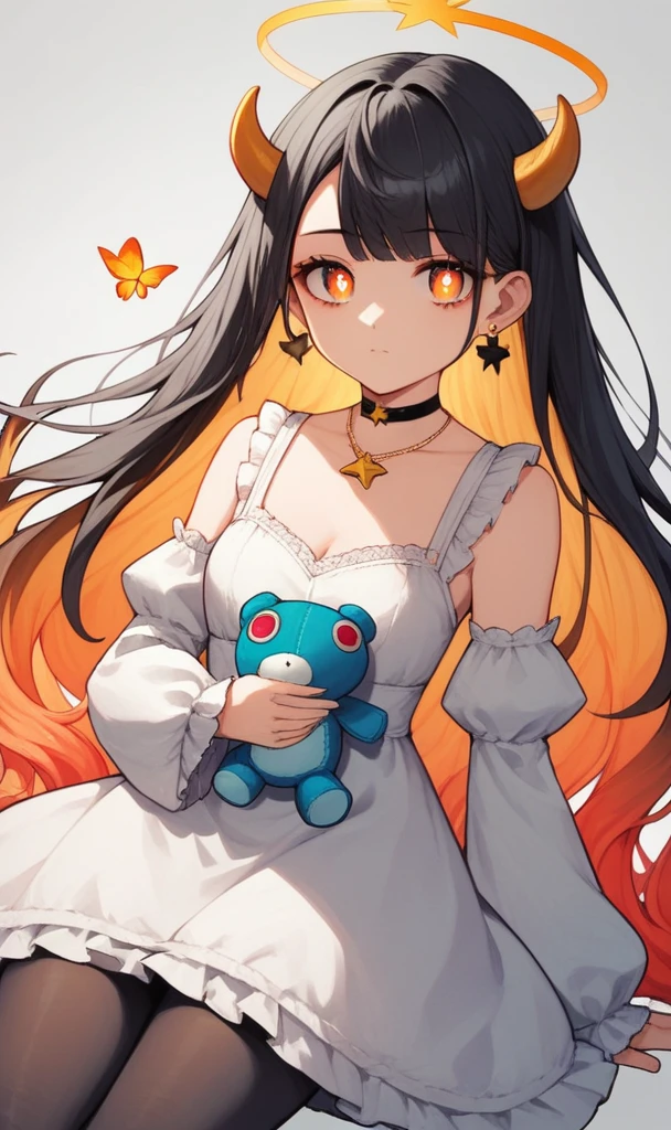 by hs225kr, 1girl, aged down, black choker, black eyes, black hair, black pantyhose, bug, butterfly, choker, colored inner hair, detached sleeves, dress, earrings, fake horns, gold horns, gradient eyes, gradient hair, grey background, halo, horns, insect, jewelry, long hair, long sleeves, looking at viewer, multicolored eyes, multicolored hair, necklace, orange eyes, pantyhose, red hair, solo, star-shaped pupils, star (symbol), stuffed animal, stuffed frog, stuffed toy, symbol-shaped pupils, very long hair, white dress, white sleeves, yellow pupils