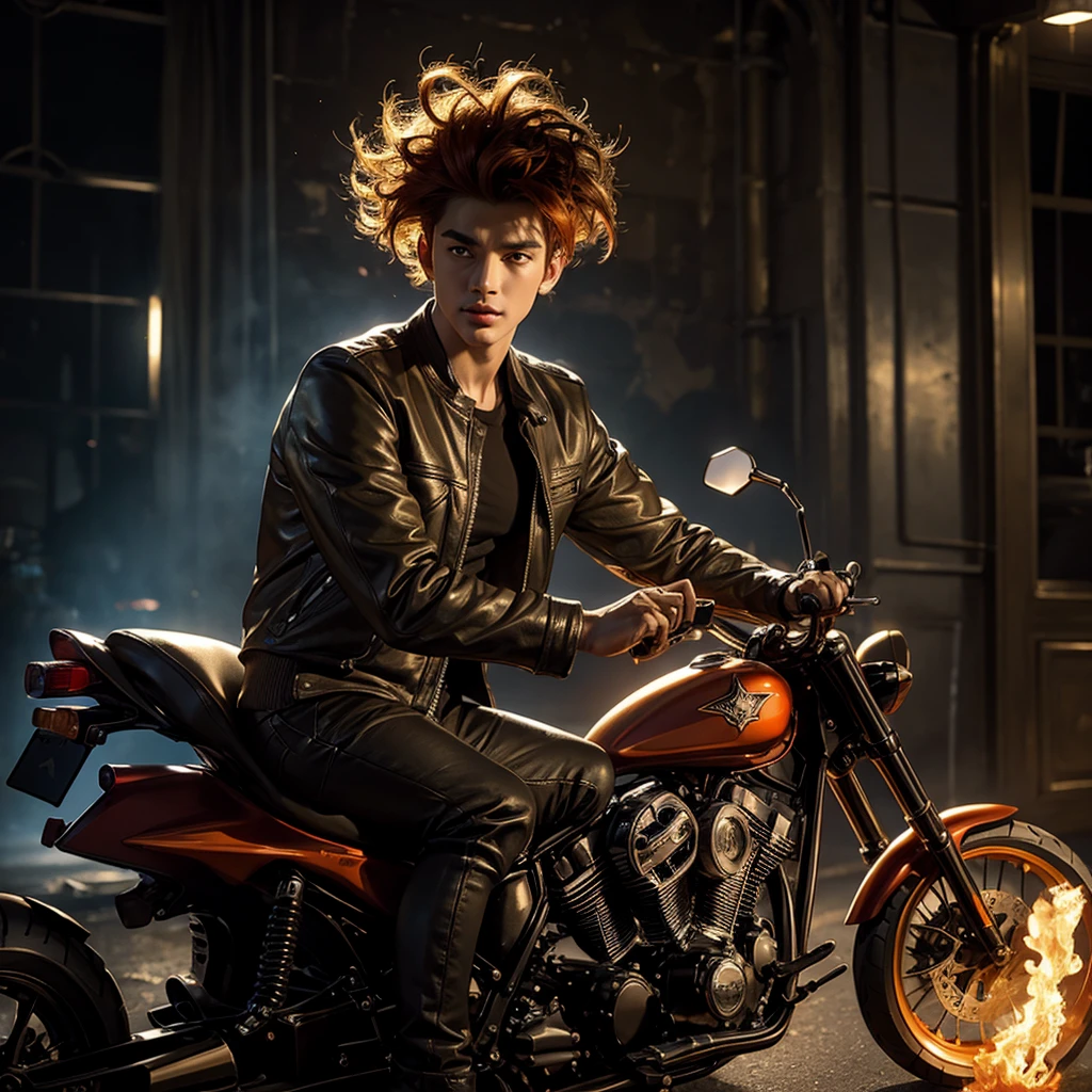 A handsome young man with fiery floating hair, riding a chopper motorcycle and emitting a sacred flame, set against a dramatic "wall of death" background, highly detailed realistic face with beautiful eyes, long and detailed lips, detailed skin and outfit, detailed motorcycle, dramatic lighting, cinematic composition, 8k, high quality, photorealistic, hyper detailed, vibrant colors, fantasy, mystical, magical realism