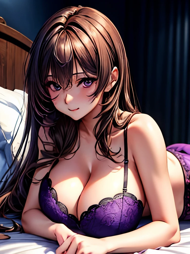 high resolution,Detailed brunette hair, 细致的Purple Eyes, Delicate face, 32K,(best quality, 8K, high resolution, masterpiece:1.2) Huge Breasts,Deep cleavage,A beautiful woman,whole body,Bright Eyes,Purple Eyes,whole body(5.0)Lying in bed(3.0)