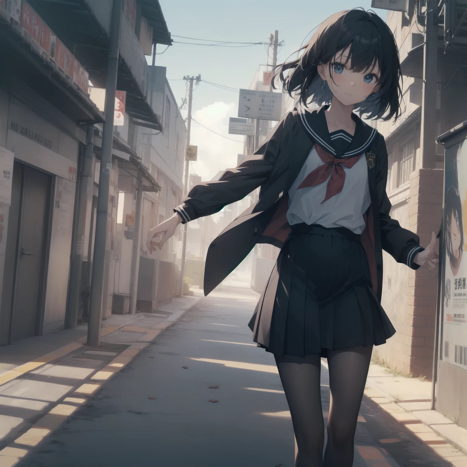 ultra-absurdres-Top quality by artist God, ultra-detailed, high resolution, anime moe artstyle, best anime 8k konachan wallpaper, pixiv contest winner, pool:2810, perfect anatomy,break, 1girl, (Please draw a girl walking sleepily to school alone. )break,(Solo,little female, 13-year-old:1.3),Full limbs, complete fingers,a junior high school student, (very short hair), short cut, flat chest, , small butt, small black eyes, beautiful detailed eyes, well-proportioned iris and pupils, expressive eyes, highres detailed hair, soft expression, salor school_uniform, sailor collar, serahuku, bow, pleated skirt,(Detailed Lighting), (Detailed background), in the School commute route. break,super detailed skin, Best cinematic lighting powered by famous artist, 8k,beauty illustration,photoshop_(medium),very aesthetic,break,((artist:takafumi )), artist:clamp ,artist:carnelian ,artist:kantoku ,