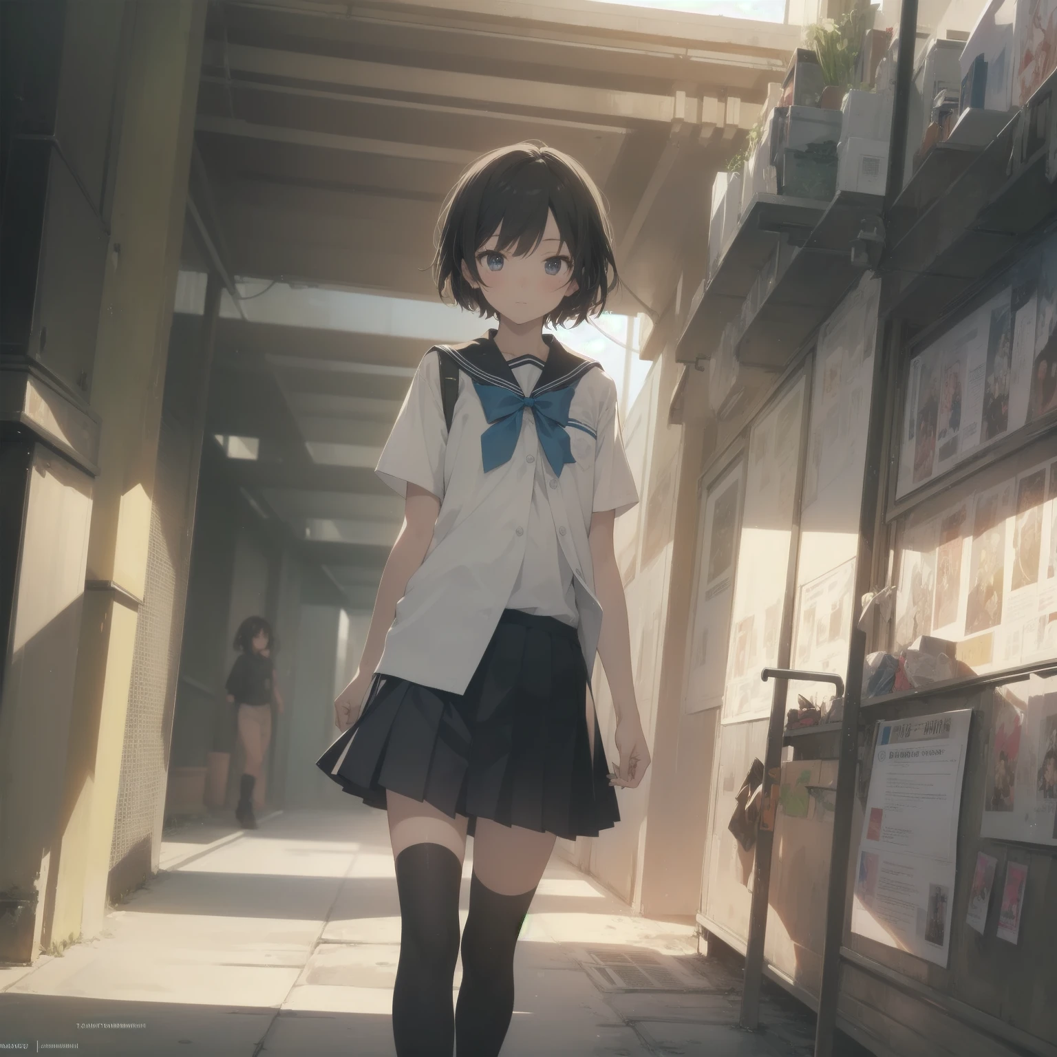 ultra-absurdres-Top quality by artist God, ultra-detailed, high resolution, anime moe artstyle, best anime 8k konachan wallpaper, pixiv contest winner, pool:2810, perfect anatomy,break, 1girl, (Please draw a girl walking sleepily to school alone. )break,(Solo,little female, 13-year-old:1.3),Full limbs, complete fingers,a junior high school student, (very short hair), short cut, flat chest, , small butt, small black eyes, beautiful detailed eyes, well-proportioned iris and pupils, expressive eyes, highres detailed hair, soft expression, salor school_uniform, sailor collar, serahuku, bow, pleated skirt,(Detailed Lighting), (Detailed background), in the School commute route. break,super detailed skin, Best cinematic lighting powered by famous artist, 8k,beauty illustration,photoshop_(medium),very aesthetic,break,((artist:takafumi )), artist:clamp ,artist:carnelian ,artist:kantoku ,