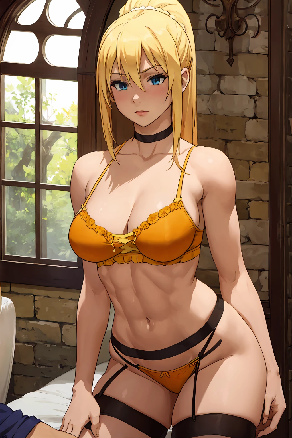 Lalatina Dustiness Ford, hot horny and sexy blonde muscle girl, athletic female body, yellow-orange bra and panties, stockings, choker, only one girl