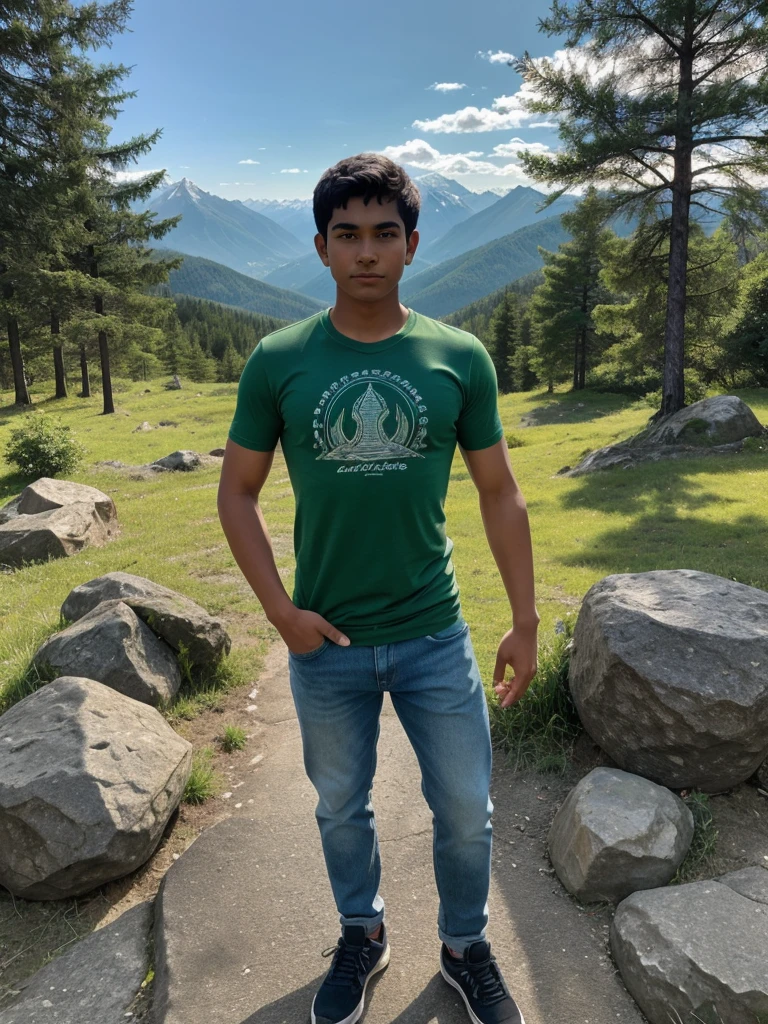 real image of Shiva.An 18 years cute old boy is standing on a mountain with folded hands.The boy is wearing a green t-shirt, jeans, shoes and has 'Ritin' written on the t-shirt.A large statue of Shiva standing with a trident in his hand is carved out of a large mountain.Grass is wrapped around the statue.The surrounding background is of mountains, forests, rivers, birds