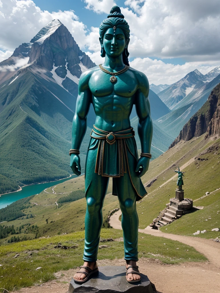 real image of Shiva.An 18 years cute old boy is standing on a mountain with folded hands.The boy is wearing a green t-shirt, jeans, shoes and has 'Ritin' written on the t-shirt.A large statue of Shiva standing with a trident in his hand is carved out of a large mountain.Grass is wrapped around the statue.The surrounding background is of mountains, forests, rivers, birds