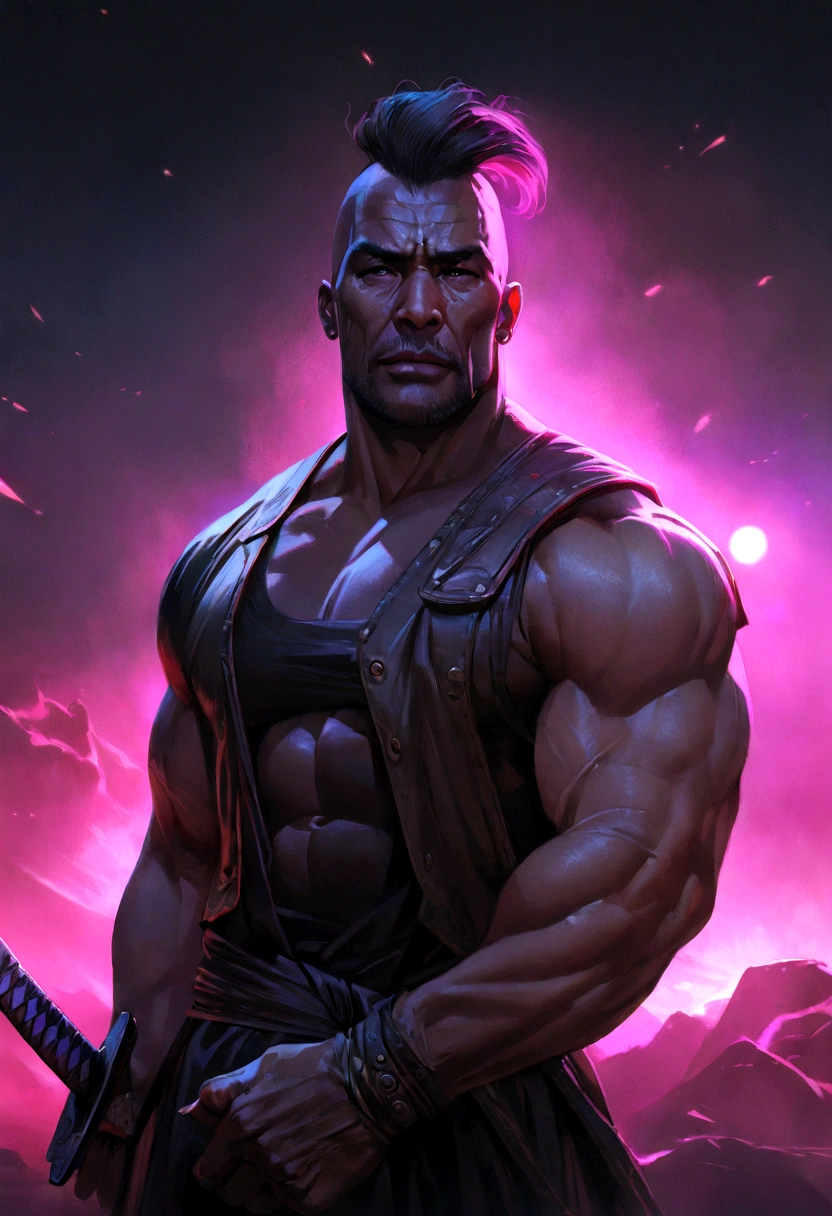 a strong muscular man, modern samurai, black skin, katana sword, modern outfit, detailed face, intense expression, dramatic lighting, neon vibrant colors, cinematic composition, (best quality,4k,8k,highres,masterpiece:1.2),ultra-detailed,(realistic,animerealistic),digital art, concept art