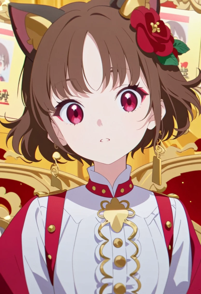 front，ID photo，An anime girl wearing a red skirt and black，She has brown hair and eyes。There are balls on both sides of the head，short hair，And wearing red flower ornaments on the ears。She wears a white blouse，It has gold buttons and pink cuffs.。Clean and tidy style，A determined look