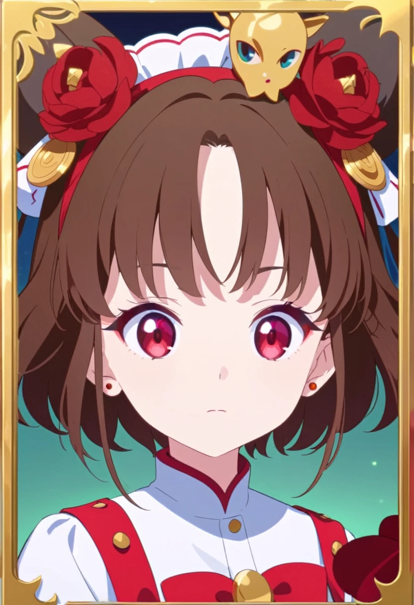 front，ID photo，An anime girl wearing a red skirt and black，She has brown hair and eyes。There are balls on both sides of the head，short hair，And wearing red flower ornaments on the ears。She wears a white blouse，It has gold buttons and pink cuffs.。Clean and tidy style，A determined look