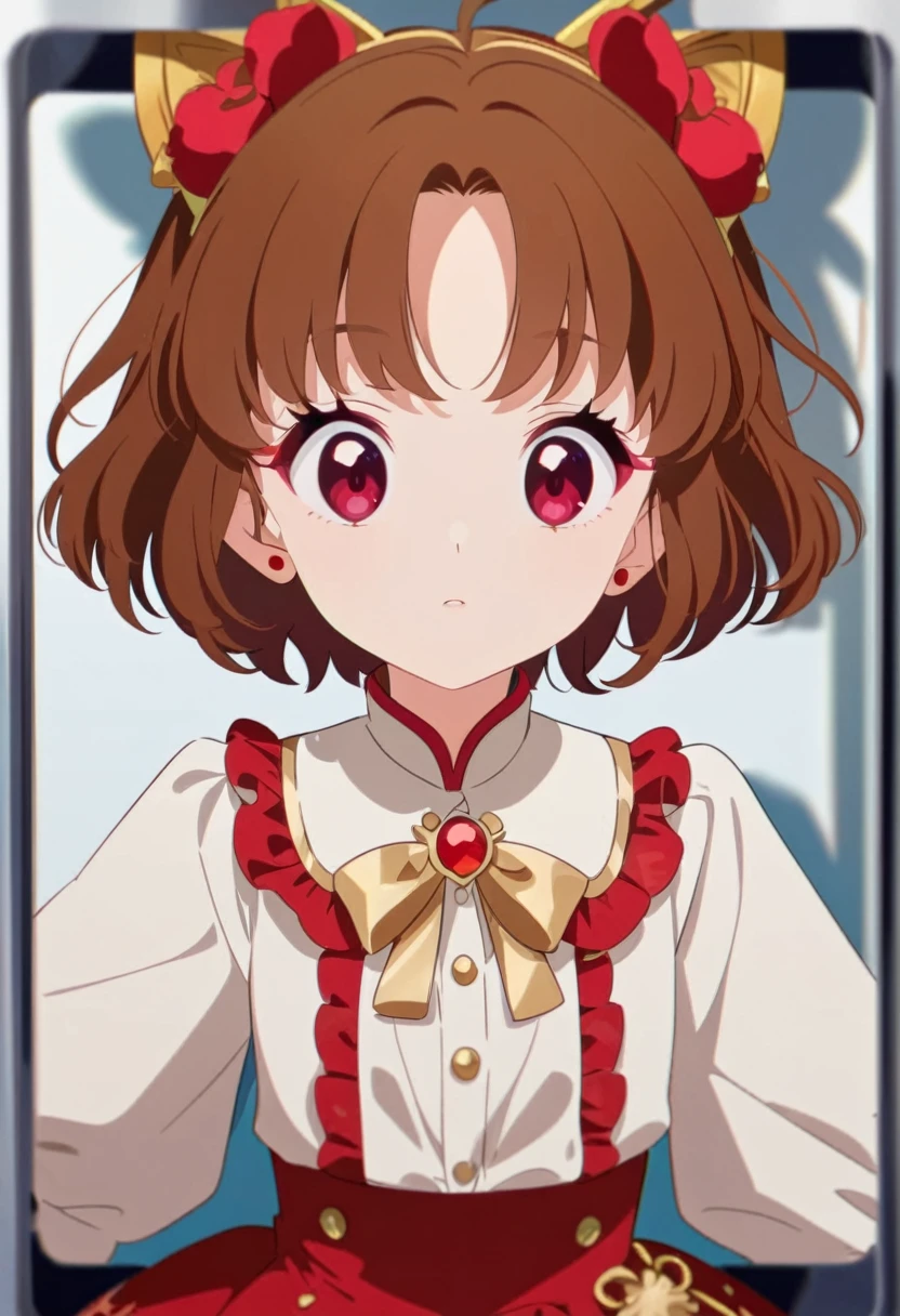 front，ID photo，An anime girl wearing a red skirt and black，She has brown hair and eyes。There are balls on both sides of the head，short hair，And wearing red flower ornaments on the ears。She wears a white blouse，It has gold buttons and pink cuffs.。Clean and tidy style，A determined look