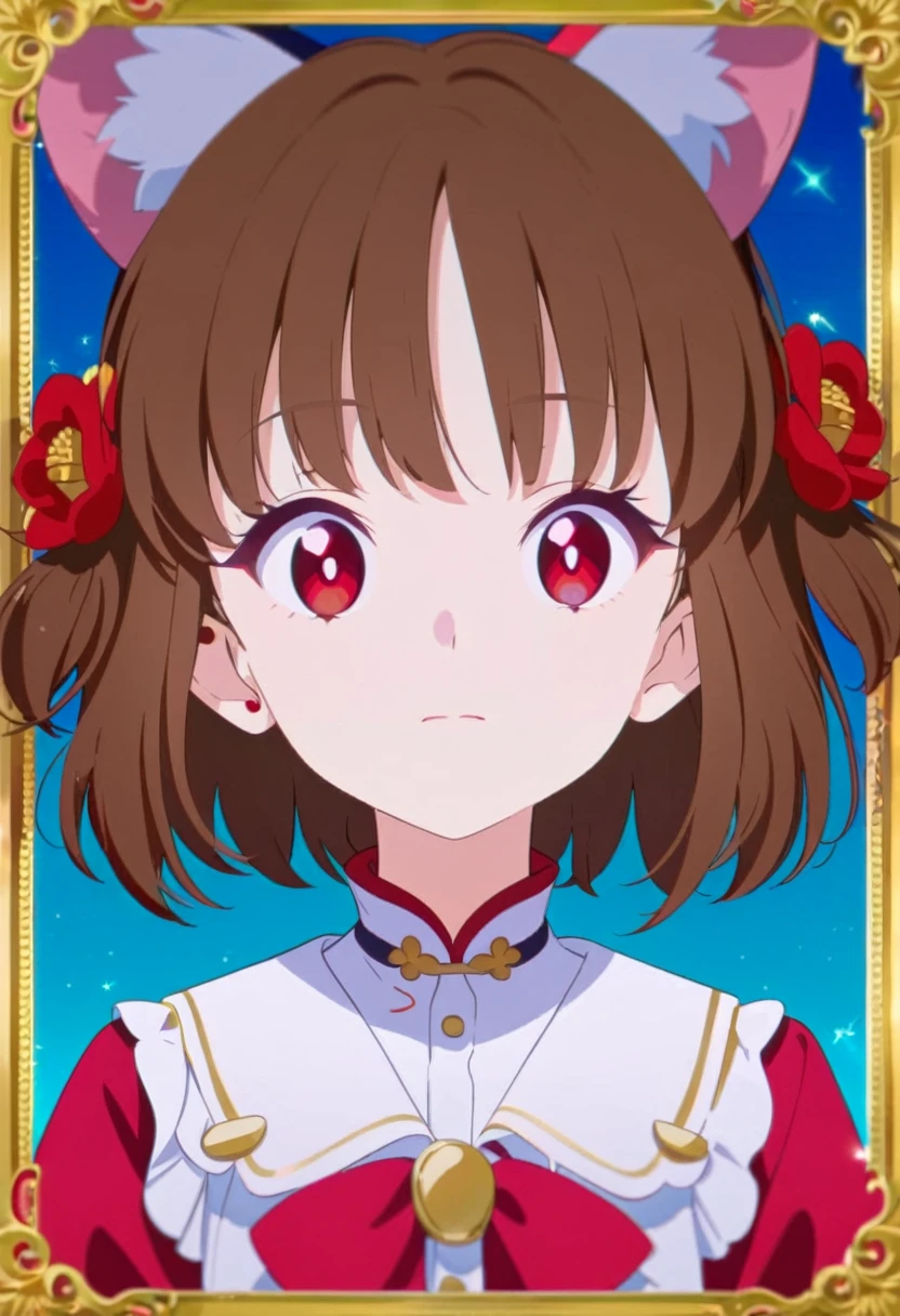 front，ID photo，An anime girl wearing a red skirt and black，She has brown hair and eyes。There are balls on both sides of the head，short hair，And wearing red flower ornaments on the ears。She wears a white blouse，It has gold buttons and pink cuffs.。Clean and tidy style，A determined look