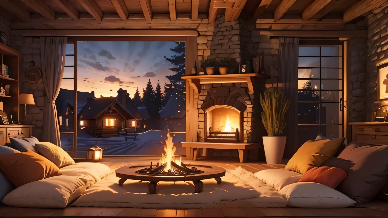 Cartoon background of wooden house living room, This night outside](Comfortable atmosphere), (Soft lighting), Bright fire in stone fireplace, This is the best night, Transparent glass window