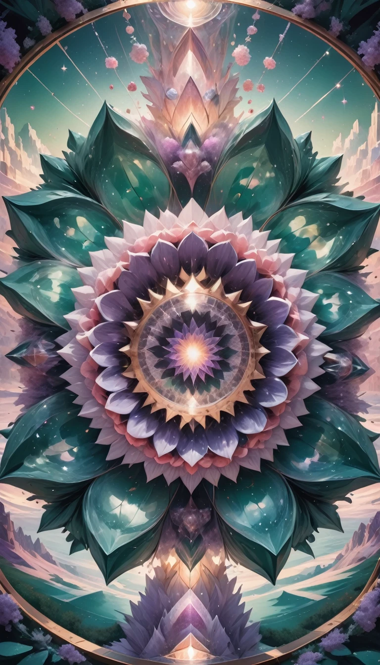 Large geometric shapes, Mandala Sacral Geometry Made of Lilac Petals, Hypnotize, performer, Golden ratio in the center of the image, Flying over a landscape made of Swarovski fractal crystals, 輝くmosaic模様, Centered, Sharp focus, Perfect composition, dynamic, The Shining glowing ,green,white,coral pink, pink, tiffany green, performer swirling, the wind is strong, Sparkles swirl, green,pastel, cloudy, Amazing adventure,high quality 16K resolution, Gothic (Luminism Photography:1.7) Aurora Light, Long-lasting rose flower, Feather and small bell, t Quartz, The Shining, mosaic, Sparkling, Made by Nikon, Sharp focus, Perfect quality, High resolution, Long Shot, 16K resolution, masterpiece, Breathtakingly beautiful, Strict details, Attention to detail, Complementary Color, Soft colors、Spectacular 3D shading、Detailed Matte Painting、Exquisite detail, High resolution, Beautifully photographed, Surreal, Sharp focus, Megapixels, Perfect composition, High Contrast, Cinematic, Atmospheric, Sulky . masterpiece, Highest quality, so beautiful, Absurd, otclillsn