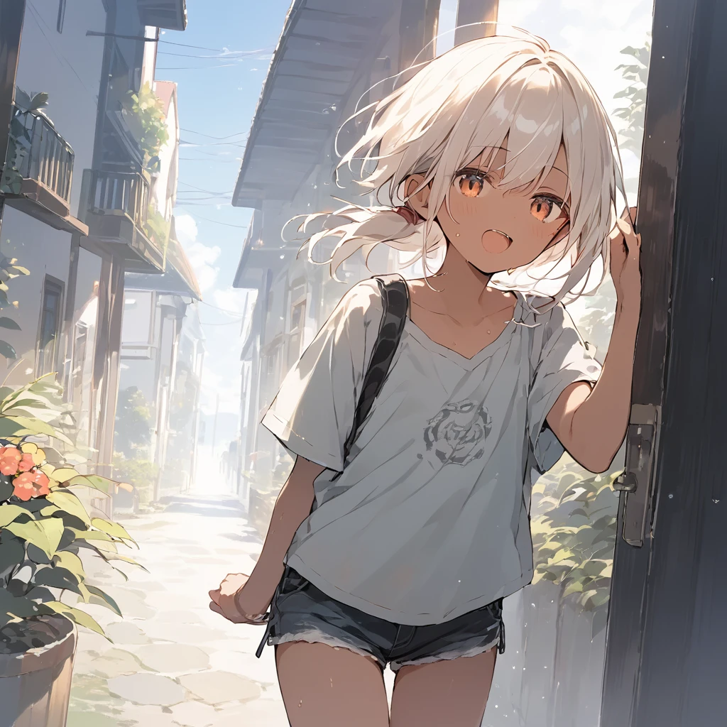 score_9, score_8_up, score_7_up, source_anime, best quality, masterpiece, official art, absurdres, highres, ultra-detailed,waifu2x,Collection: Slice of Life,break,1girl, tomboy, dark-skinned female, short hair, low ponytail, flat chest, beautiful detailed eyes, short shorts, sweat, open mouth, (yawn:0.3), sleepily, outdoors, wind, break,(clear line illustration:1.2),very high resolution, very aesthetic, super detailed skin, Best sexual lighting powered by famous artist, 8k,cute picture,beauty illustration,photoshop_(medium),,(Detailed Lighting),best anime 8k konachan wallpaper, pixiv contest winner,