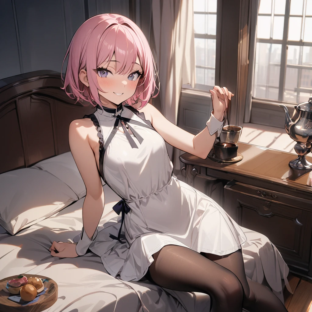 1boy, pink hair, short hair, small breasts, pantyhose, dress, smile, boots, looking at viewer, sitting, bed, masterpiece, best quality, highres, nice hands, perfect hands