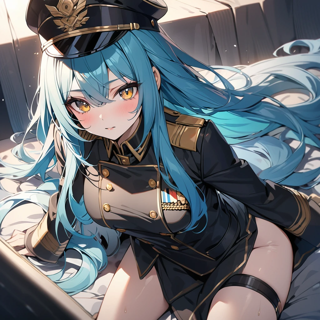 High quality, HD, 4k, Beautiful girl, cyan hair, long hair, gold eyes, medium breast, black military uniform