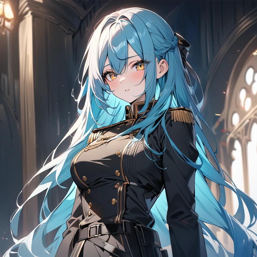High quality, HD, 4k, Beautiful girl, cyan hair, long hair, gold eyes, medium breast, black military uniform