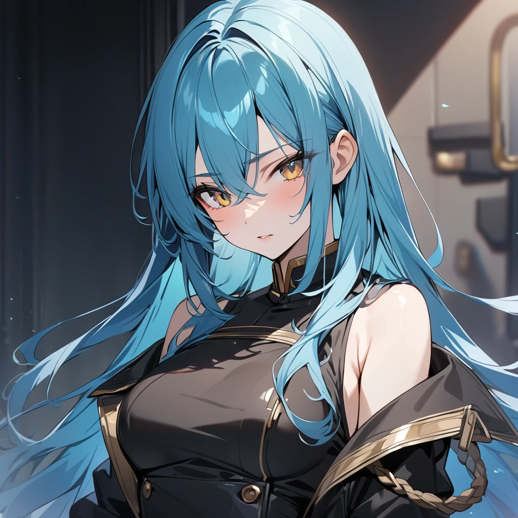 High quality, HD, 4k, Beautiful girl, cyan hair, long hair, gold eyes, medium breast, black military uniform