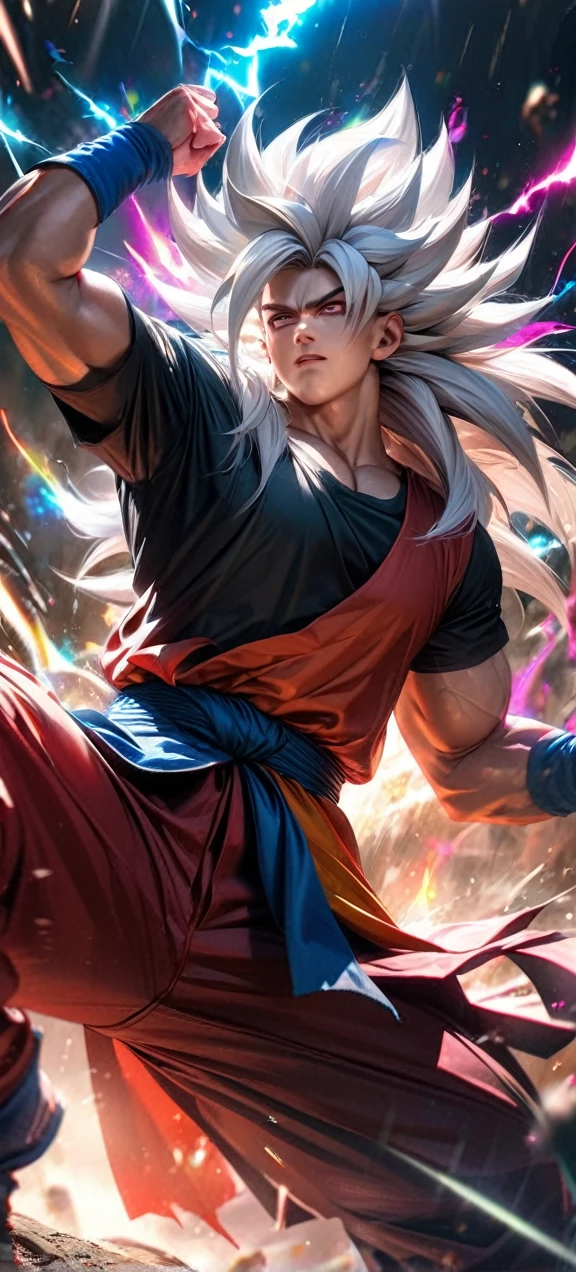 High quality, ultra realistic,absurdres, highres, ultra detailed, HDR, masterpiece, extremely detailed face and eyes, super saiyan 5 goku , dragonball,,long white hair ,black shirt , solo, ,man, handsome, , , Epic fight scene, colorful splashing effect,colorful lightning effect,glowing glitters ,