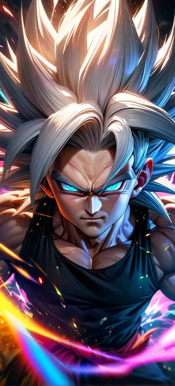 High quality, ultra realistic,absurdres, highres, ultra detailed, HDR, masterpiece, extremely detailed face and eyes, super saiyan 5 goku , dragonball,,long white hair ,black shirt , solo, ,man, handsome, , , Epic fight scene, colorful splashing effect,colorful lightning effect,glowing glitters ,