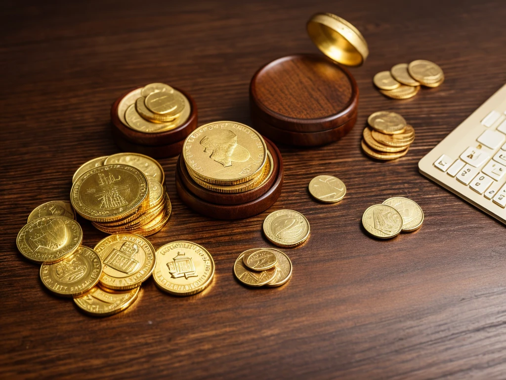 There's nothing on the desk except coins,((only 3 gold coins on the table)),The background is a wooden table, real picture, complicated details, serious, Zoom coin, from above