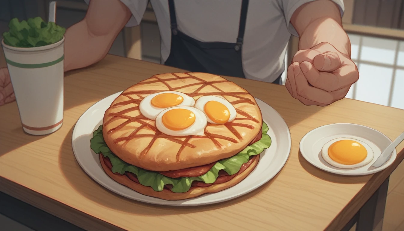 1 hamburger steak with fried egg、broccoli、Ginseng、Large fried shrimp１One　１dish　On a wooden table　Large fried shrimp、Large fried shrimp