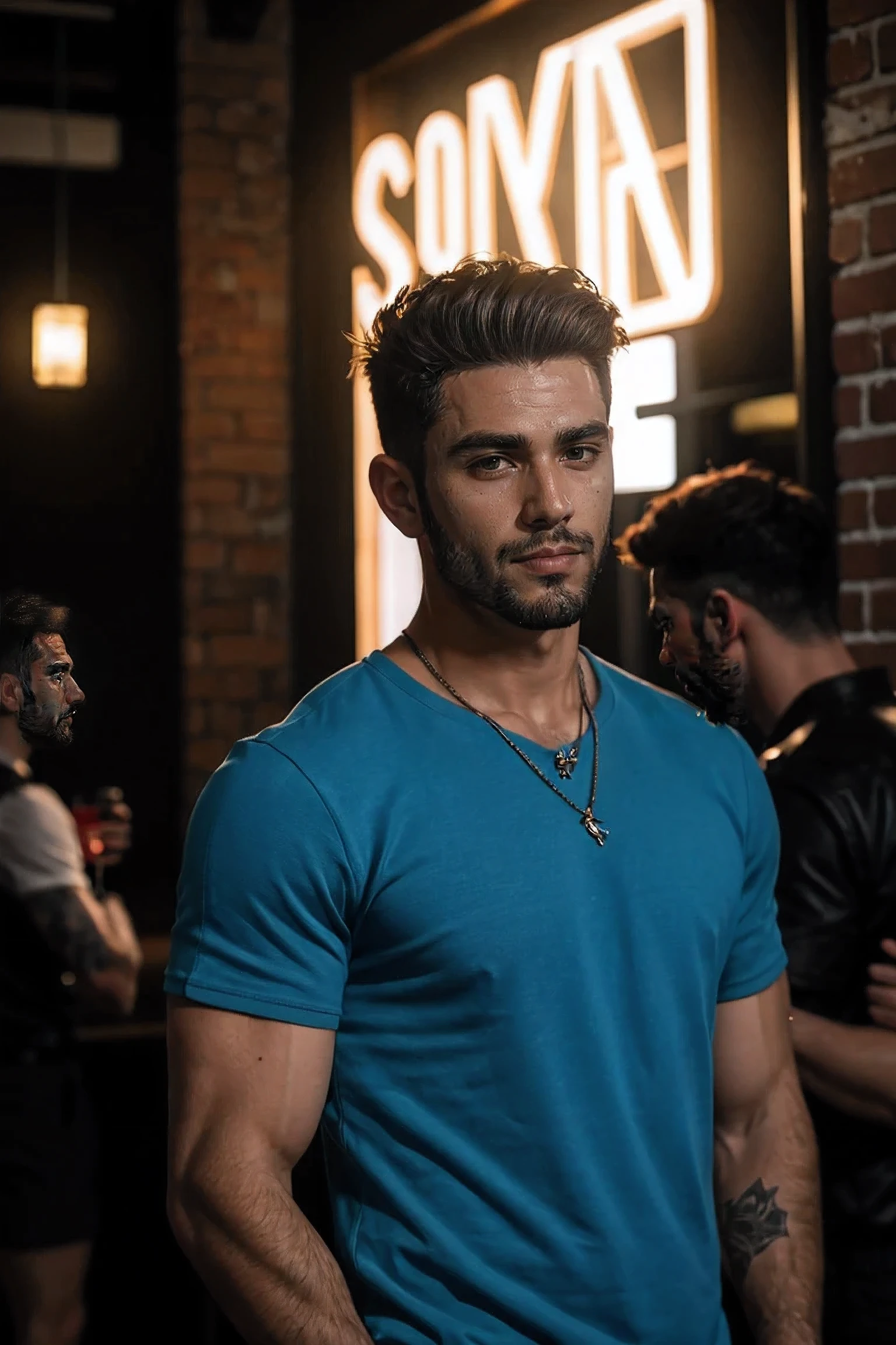shot by Sony a7 IV Mirrorless Camera, shadowplay, gorgeous lighting, subtle hues, handsome men ,nightclub