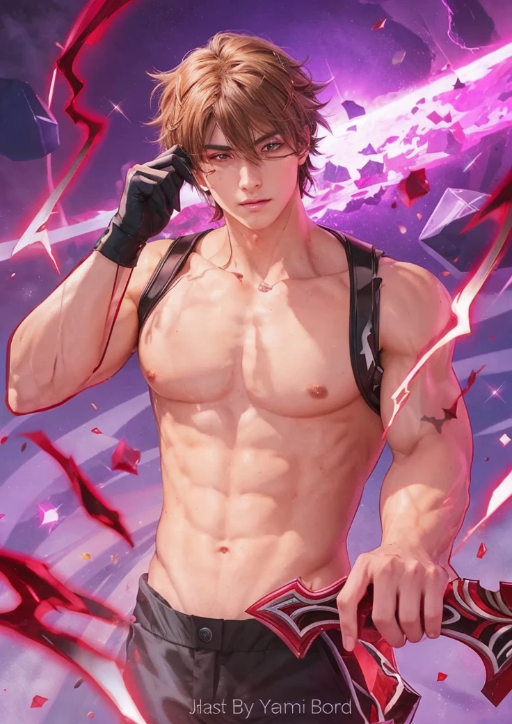 A beautiful anime-style boy with a well-defined sixpack, perfect facial features, detailed eyes, sharp jawline, piercing gaze, intricate hair, glowing skin, dynamic pose, dramatic lighting, vibrant colors, cinematic composition, intricate details, highly detailed, 8k, photorealistic, masterpiece