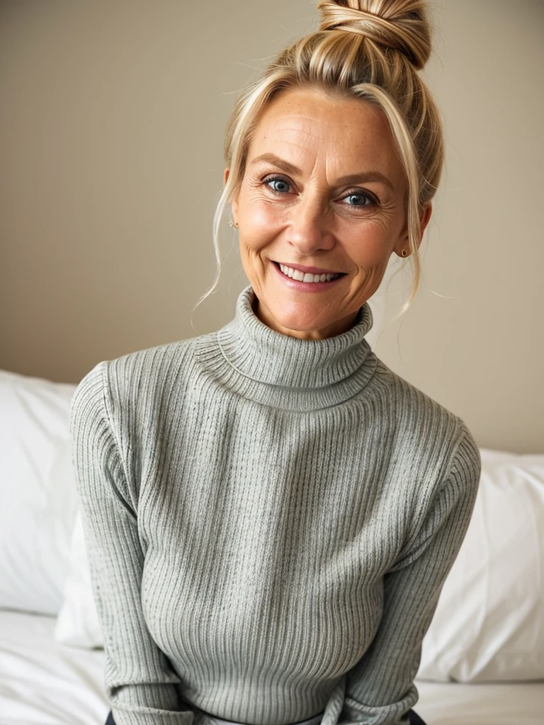 photo of a skinny very old wrinkly-faced mature blonde messy long hair thrown into a messy bun ponytail. She wears: (turtleneck soft high ribbed bright super tight sweater:1.1), submissive seductive pose, high tight ribbed neck, seductive smile, perfect fake tits, horny eager granny, teasing sexy old lady, no trousers just skimpy panties