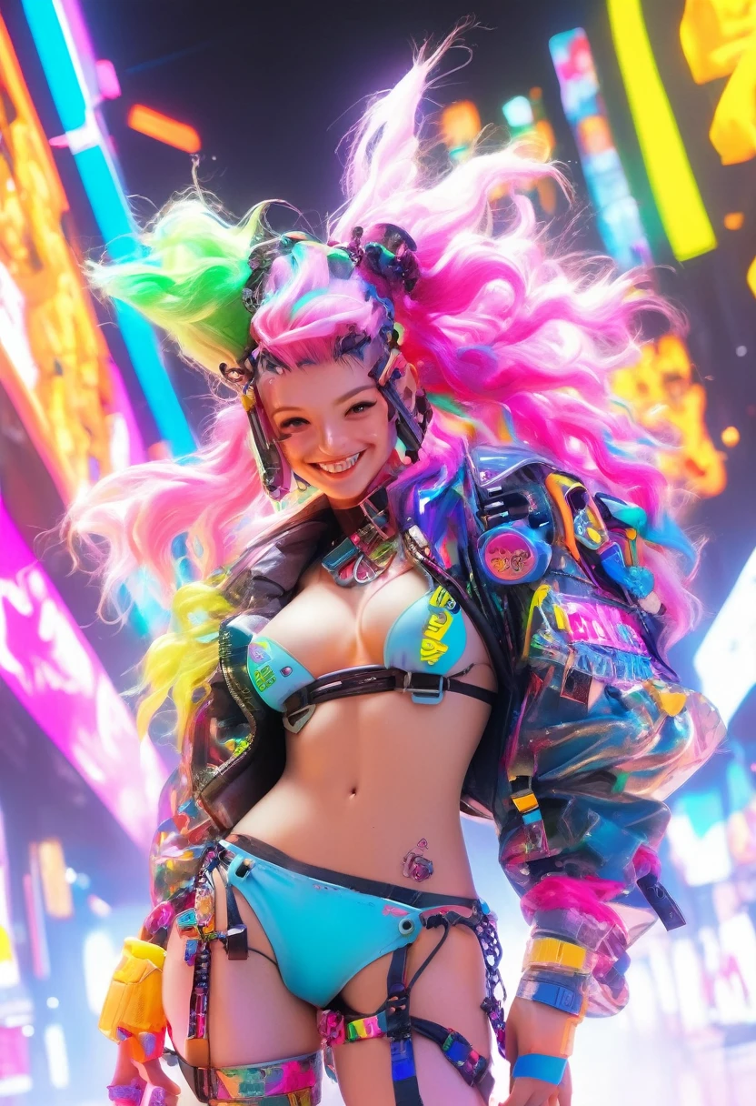 cyberpunk girl, wearing colorful micro bikini, Harajuku style pop outfit, messy hair, bright colors, smiling, ((cinematic lighting)), full body image, white background