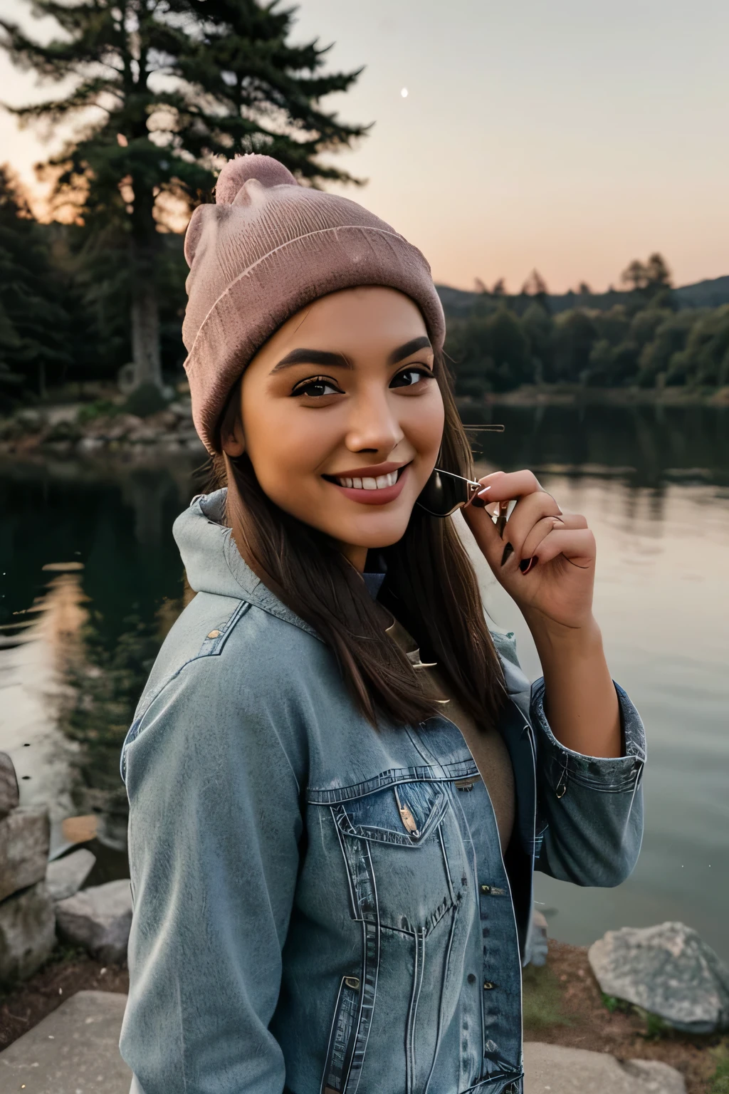 wearing a denim jacket and beige beanie hat, taken on Snapchat in the evening at her luxury mansion by the lake. She has big brown eyes, eyeliner makeup, natural pink lipstick, she is smiling for the camera, there is a lantern lit up next to it, there are candles on the ground around it, she looks very happy and excited, she wears a backpack bag slung over her shoulder, she stands near a stone wall with water behind it in the style of lake.
