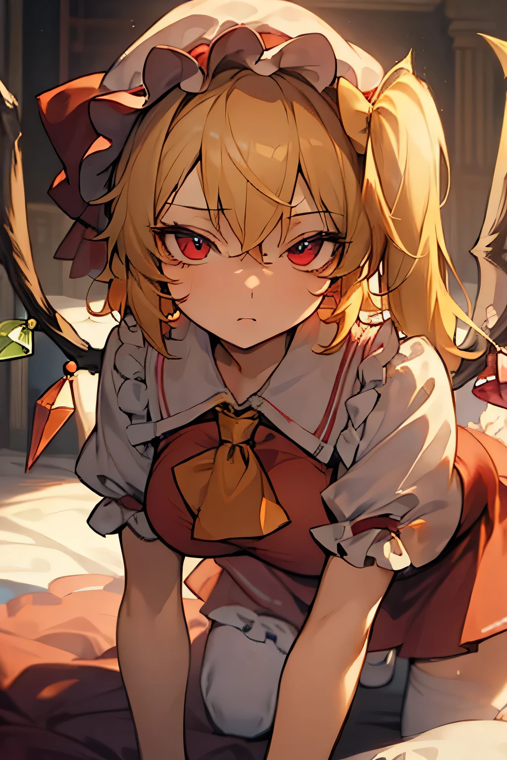 (masterpiece),best quality, expressive eyes, perfect face, 1girl,
big breast, H-cup, good breast, beautiful, gorgeous,anime,girl,lora,  flandre scarlet,
1girl,blonde hair,mob cap,hair bow,bowtie,side ponytail,wings,short sleeves,vest,ascot,on all fours