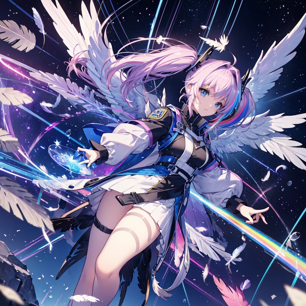 ((Archangel Fantasy Rainbow Hair Make your hair rainbow-colored on the inside Twin tails Dull blue eyes)) ((Has a galaxy uniform Put on a coat without putting your arms through it)) (((Wings many times larger than mine rainbow gradient feathers Glass Feather))) Pillar of Light cyber punk Smiling Kindly front)) ((tears gloves)) (Broken glass Rolling Pebbles Distorted Space-Time star) Catch the wind milky way Shining Background Particles of light rainbow colored edges Shining Edge star
