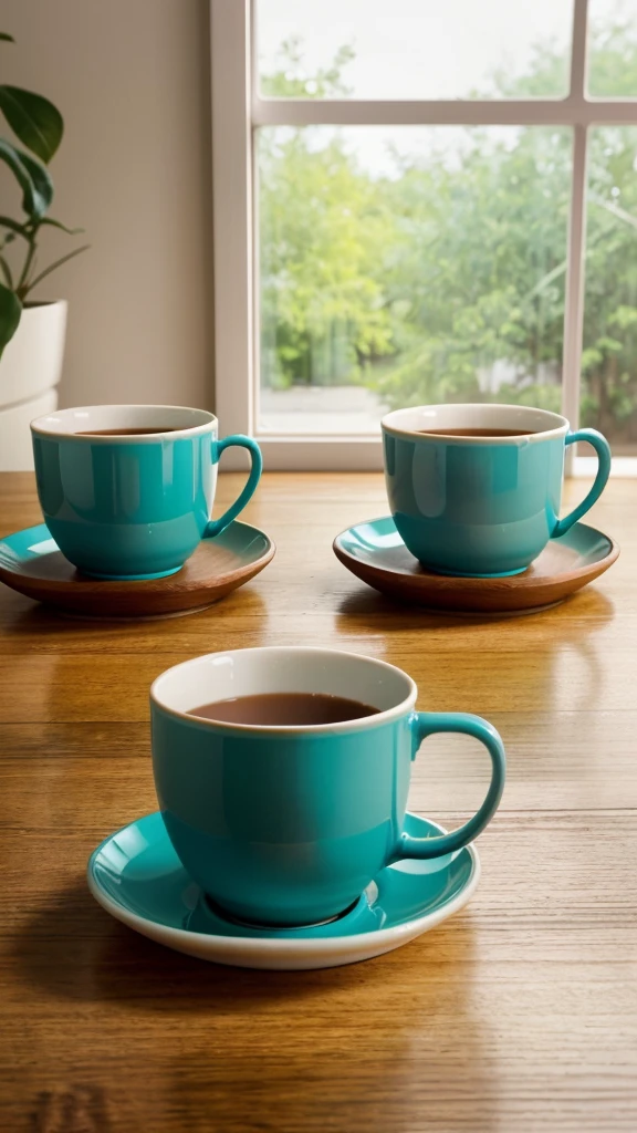 "Capture an image of two teal cups placed on a wooden table. Ensure the cups are positioned close together, with the handles facing opposite directions. The background should be a soft, neutral color to highlight the vibrant teal of the cups, and natural light from a nearby window should gently illuminate the scene, creating a warm and inviting atmosphere."