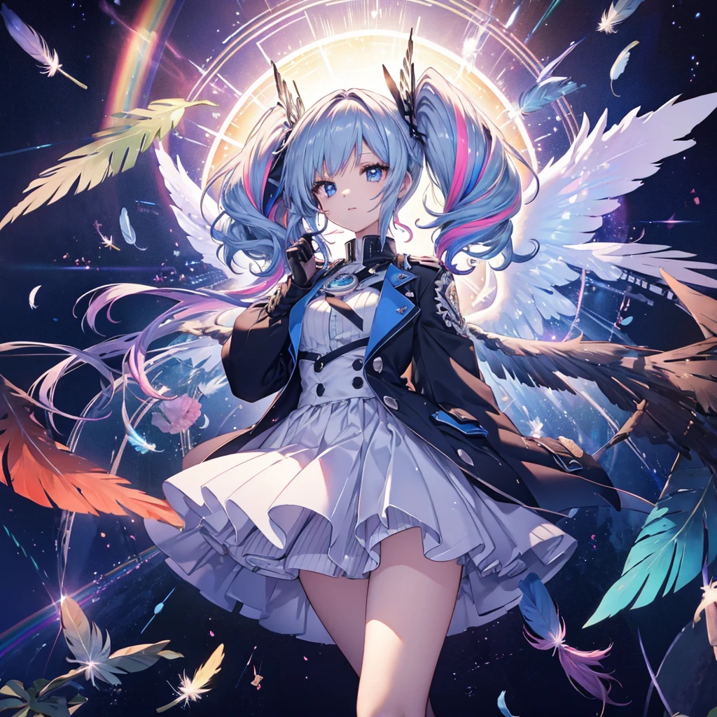 ((Archangel　Fantasy　Rainbow Hair　Make your hair rainbow-colored on the inside　Twin tails　Dull blue eyes))　((Has a galaxy　uniform　Put on a coat without putting your arms through it))　(((Wings many times larger than mine　rainbow gradient feathers　Glass Feather)))　Pillar of Light　cyber punk　Smiling Kindly　front))　((tears　gloves))　(Broken glass　Rolling Pebbles　Distorted Space-Time　star)　Catch the wind　milky way　Shining Background　Particles of light　rainbow colored edges　Shining Edge　star
