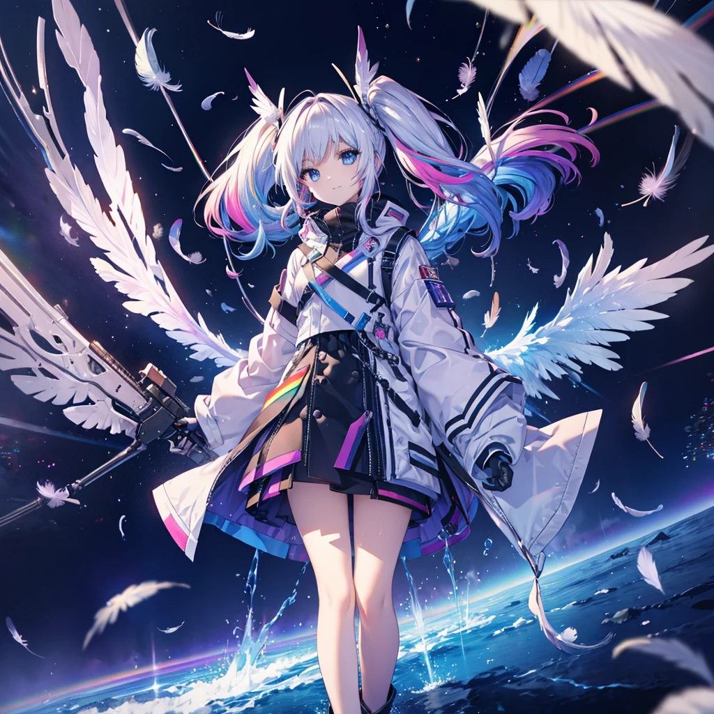 ((Archangel Fantasy Rainbow Hair Make your hair rainbow-colored on the inside Twin tails Dull blue eyes)) ((Has a galaxy uniform Put on a coat without putting your arms through it)) (((Wings many times larger than mine rainbow gradient feathers Glass Feather))) Pillar of Light cyber punk Smiling Kindly front)) ((tears gloves)) (Broken glass Rolling Pebbles Distorted Space-Time star) Catch the wind milky way Shining Background Particles of light rainbow colored edges Shining Edge star