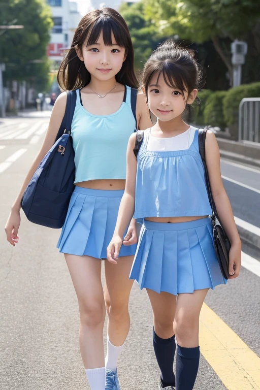 Two 10-year-old Japanese elementary school girls, 115
cm tall and small titsed, (Flat chest), are walking to school wearing Baby blue micro mini skirt, Baby blue tank tops, (navel-baring), and carrying school bags,